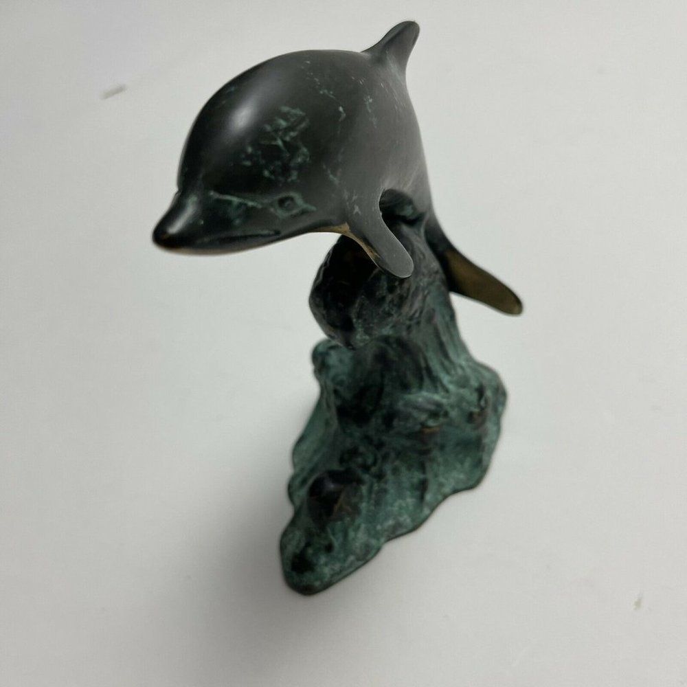 Brass Dolphin Statue Vintage Art Deco 6" High Brass Sculpture Patina Metal Base - Picture 2 of 10